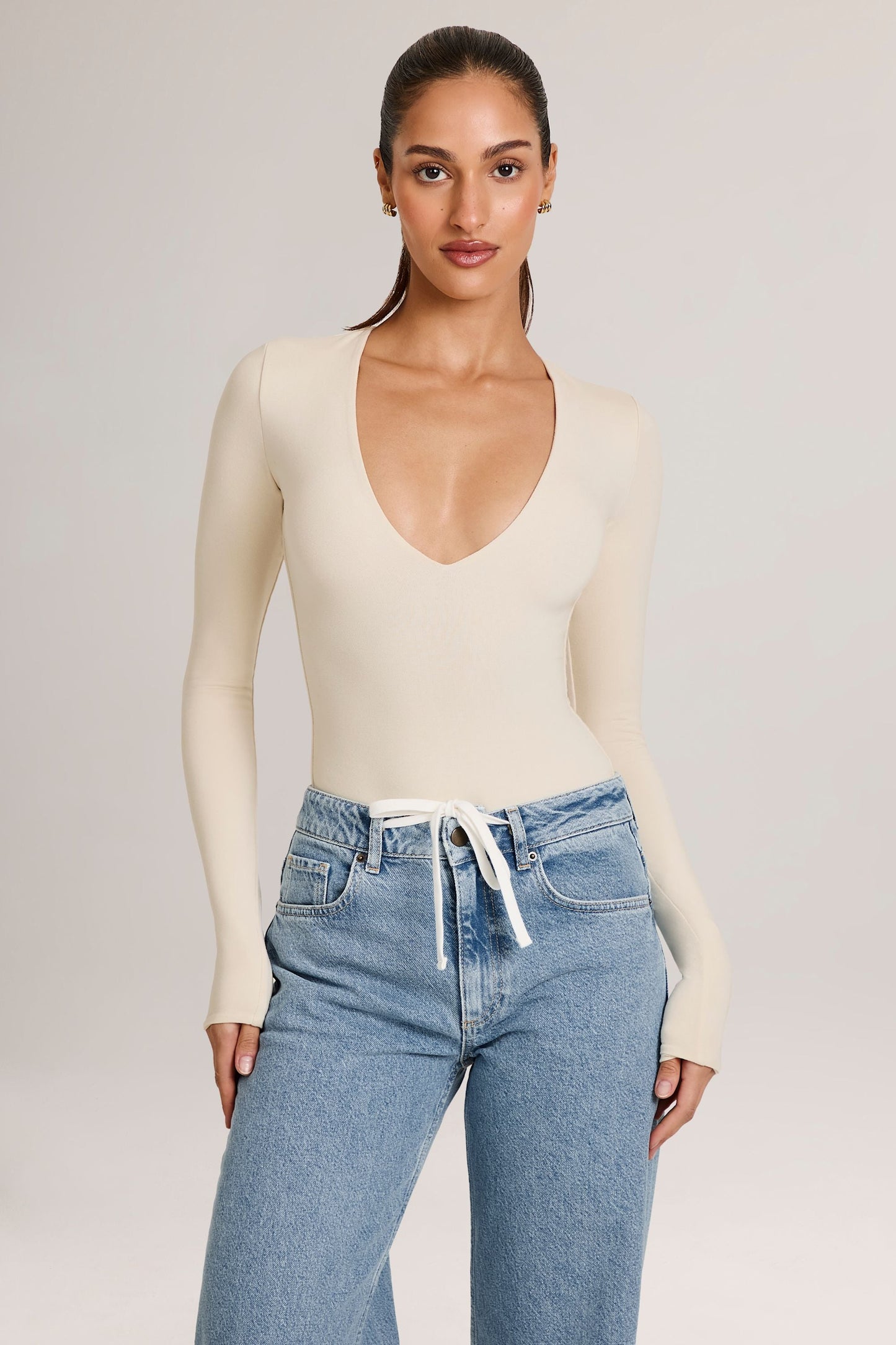 Modal Plunge Long-Sleeve Bodysuit  in Ivory