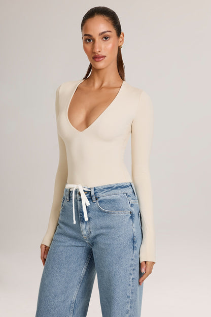 Modal Plunge Long-Sleeve Bodysuit  in Ivory