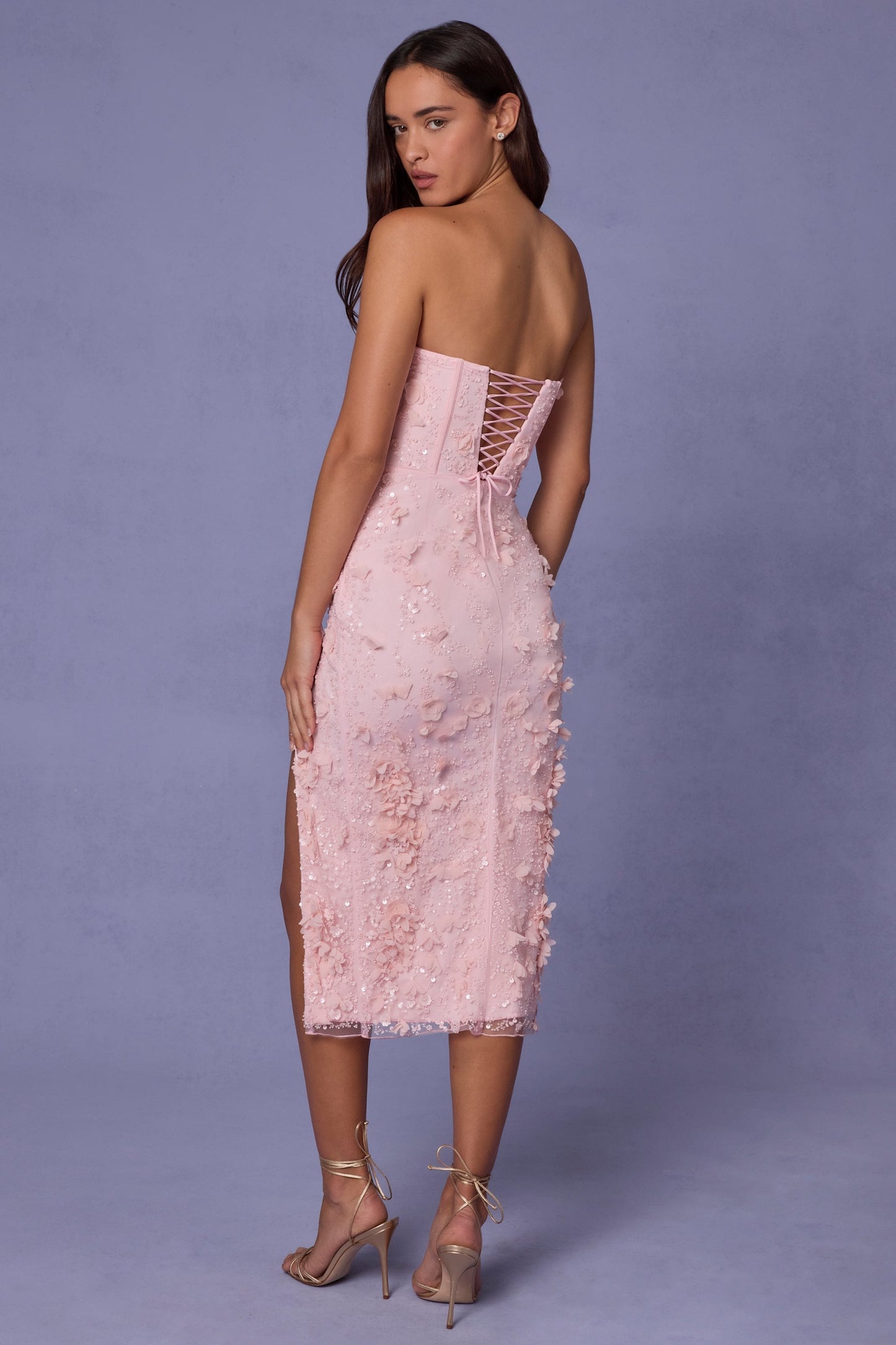 Lace-Up Corset Midaxi Dress with Split in Soft Pink