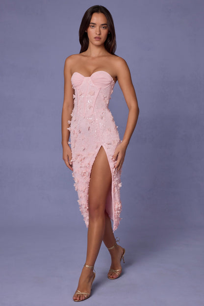 Lace-Up Corset Midaxi Dress with Split in Soft Pink