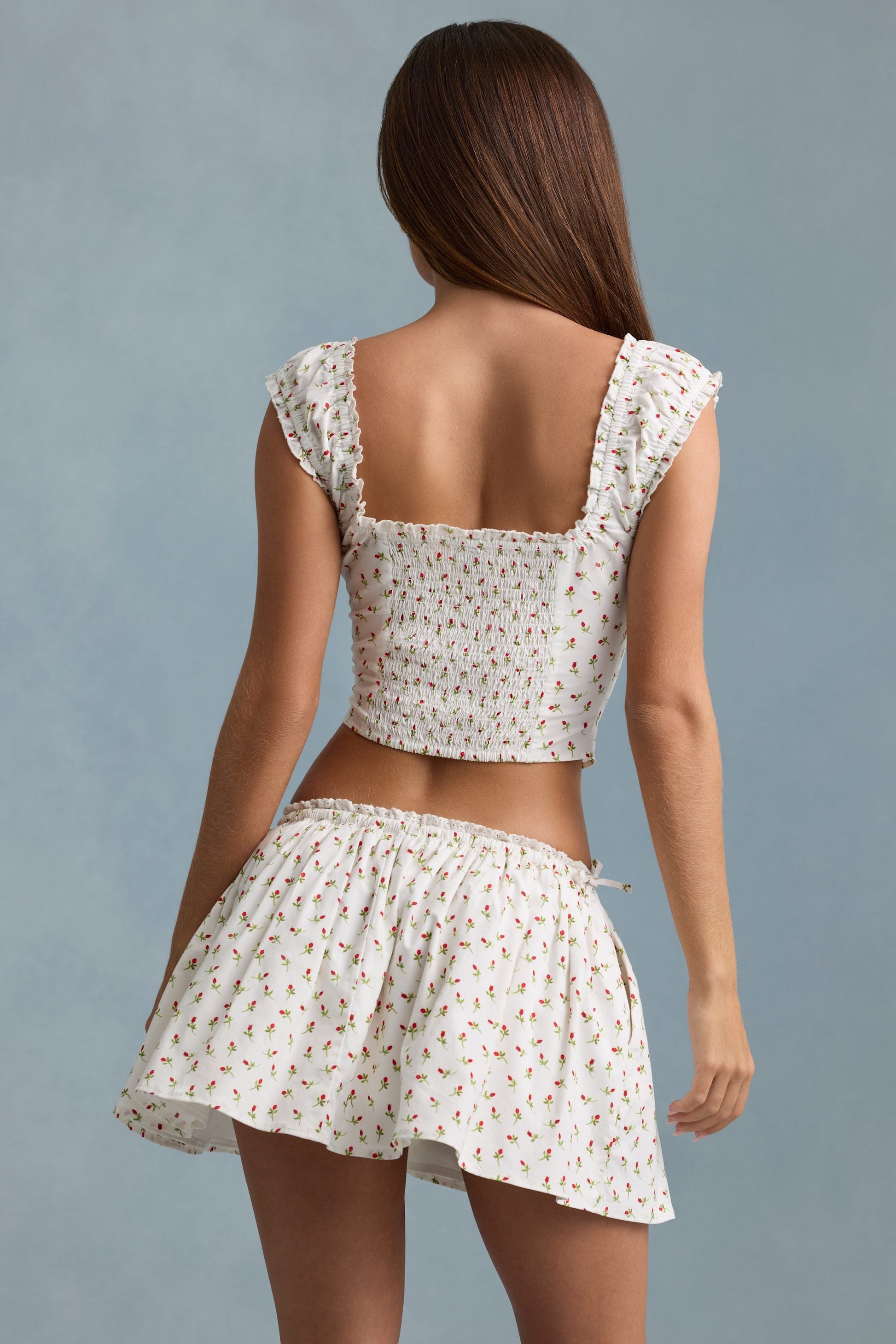 Ruched Cotton-Poplin Corset Top in Rose Print