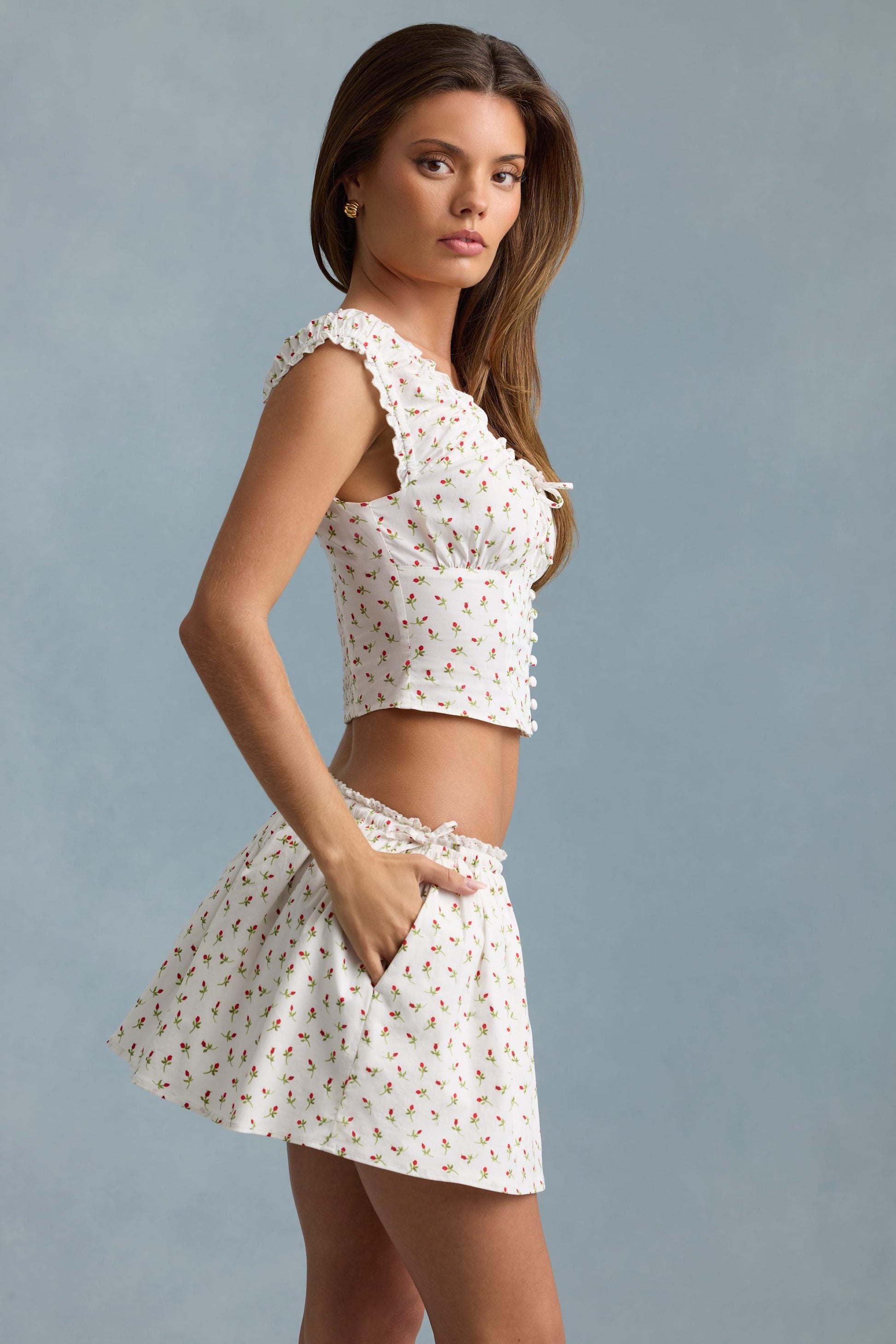 Ruched Cotton-Poplin Corset Top in Rose Print