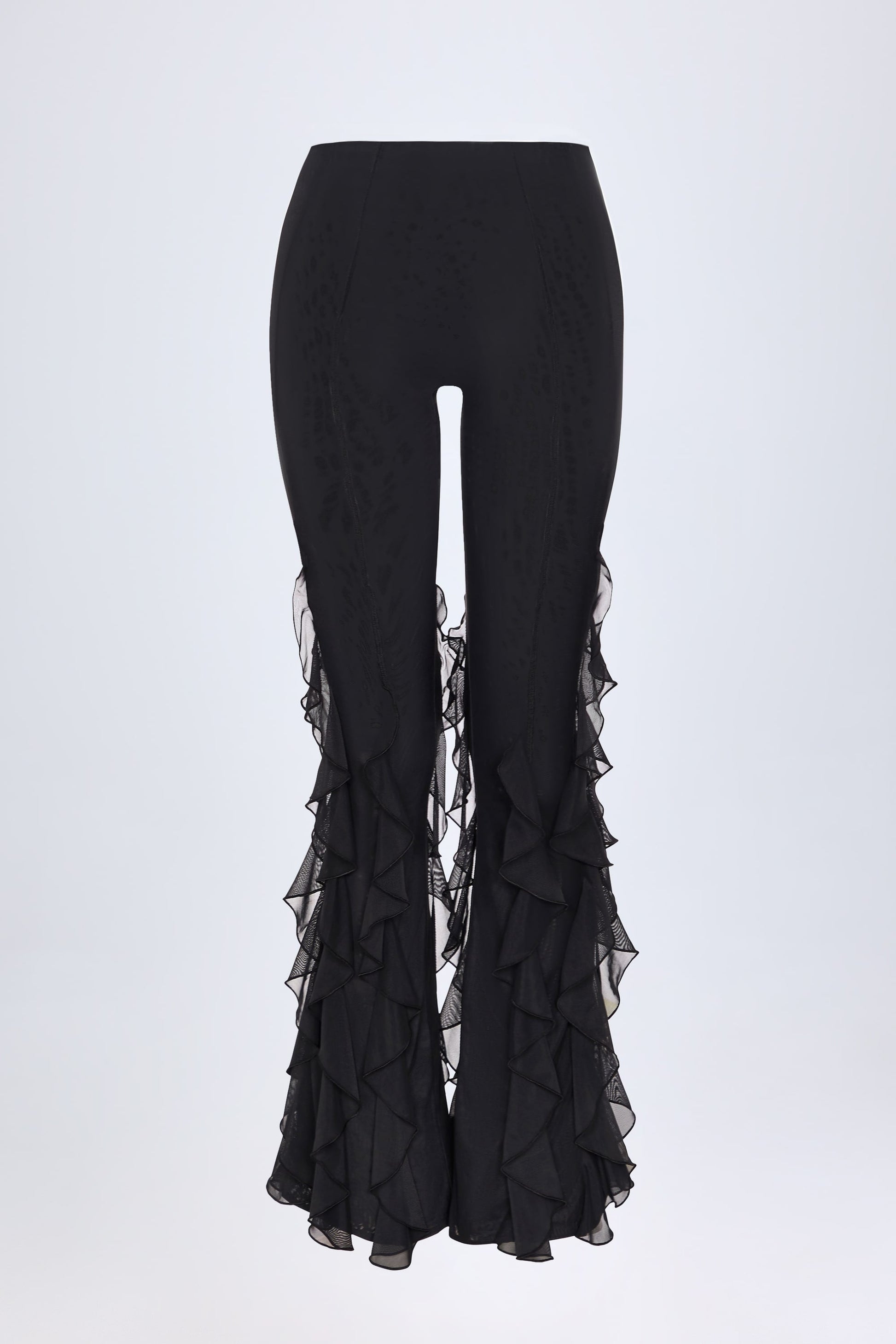Ruffled Mid-Rise Flared Trousers in Black