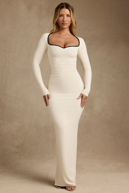 Modal Contrast-Trim Maxi Dress in Ivory
