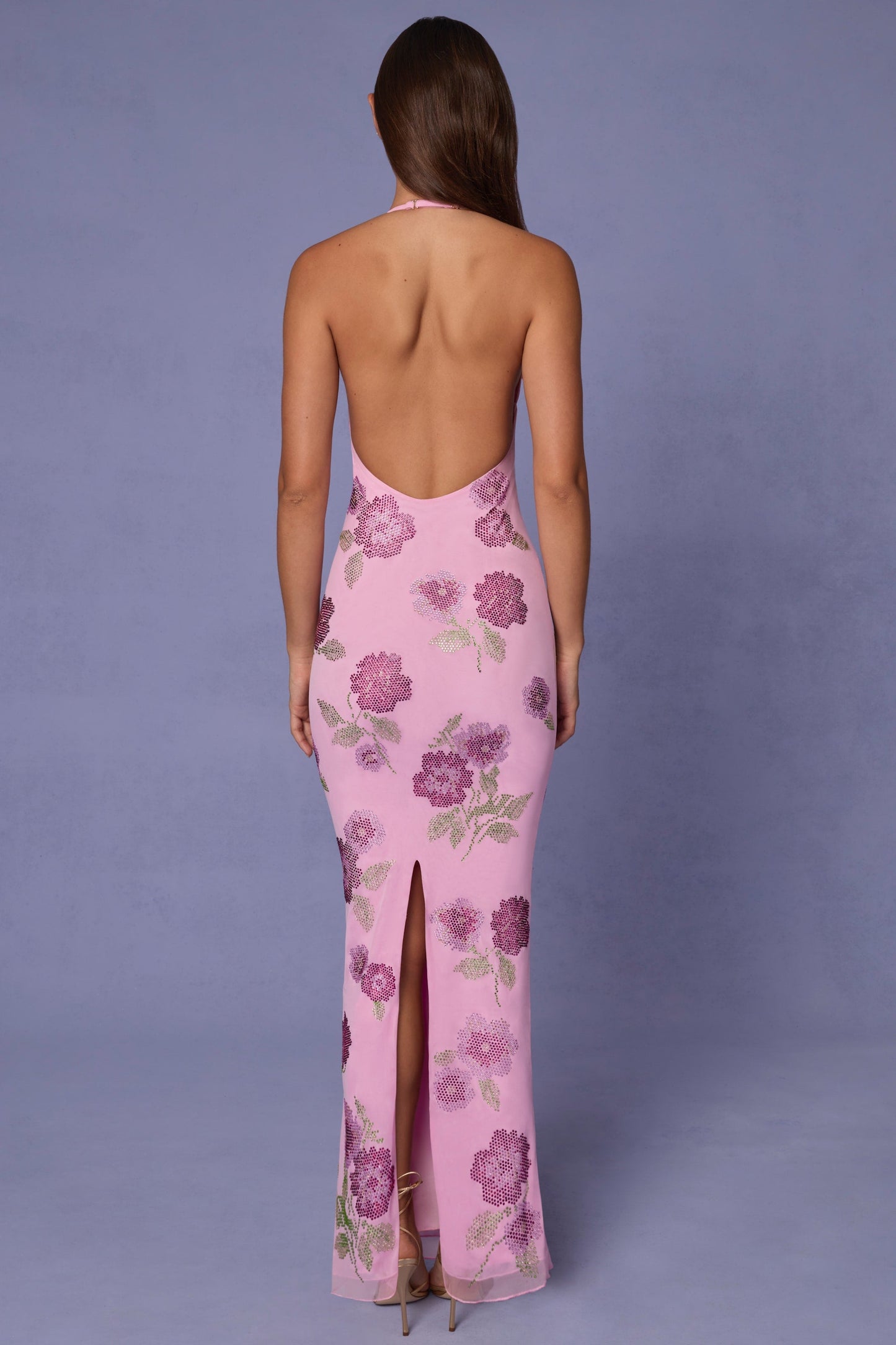 Sequin-Embellished Halterneck Maxi Dress in Soft Pink