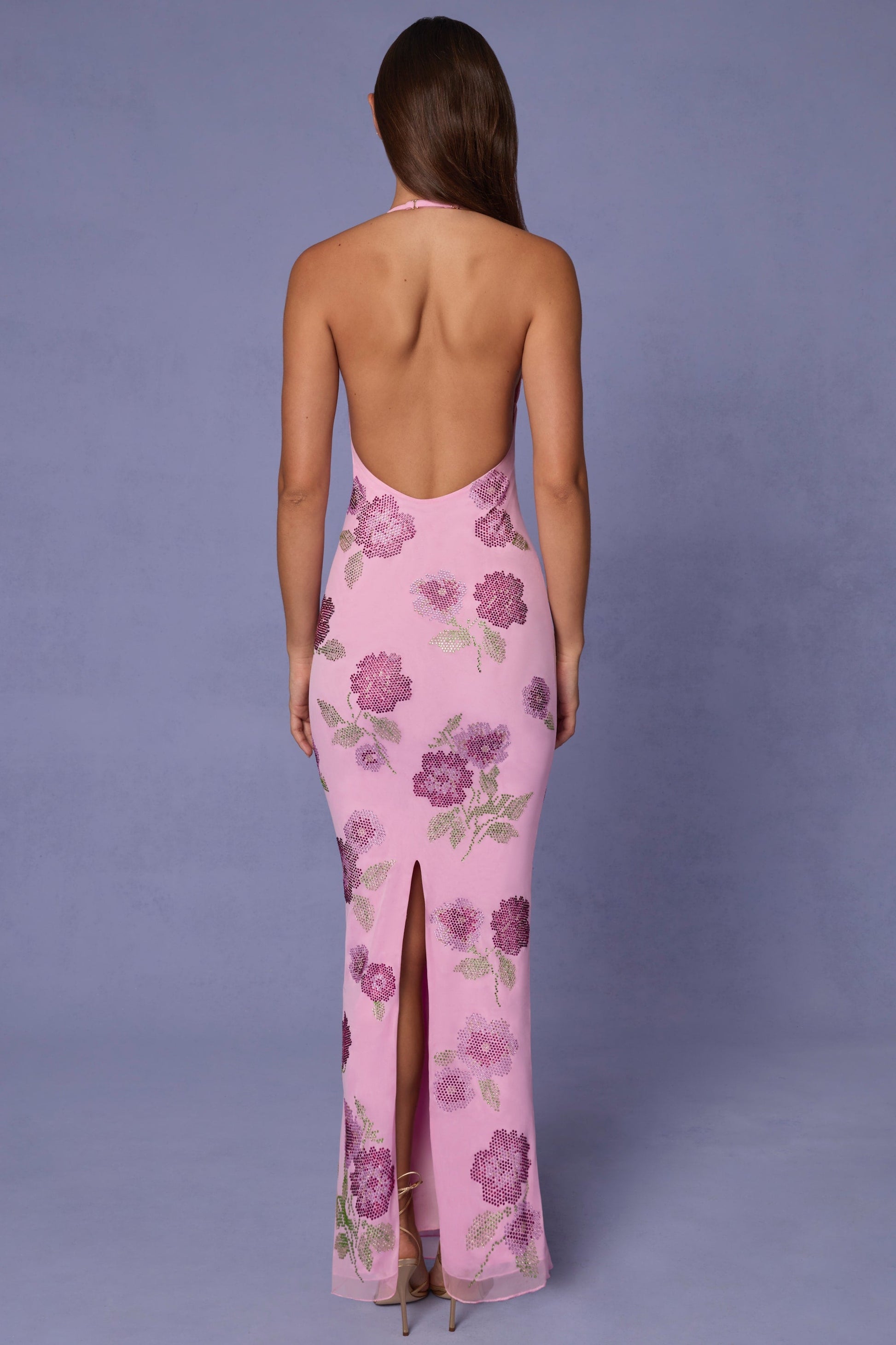 Sequin-Embellished Halterneck Maxi Dress in Soft Pink