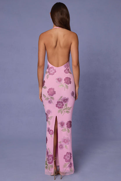 Sequin-Embellished Halterneck Maxi Dress in Soft Pink