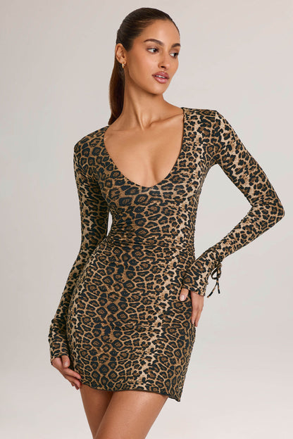 Modal Long-Sleeve A-Line Mini Dress in Leopard Print