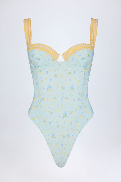 Underwired Balconette Swimsuit in Blue Floral