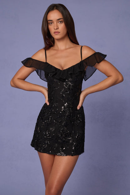 Embellished Lace-Up A-Line Mini Dress in Black