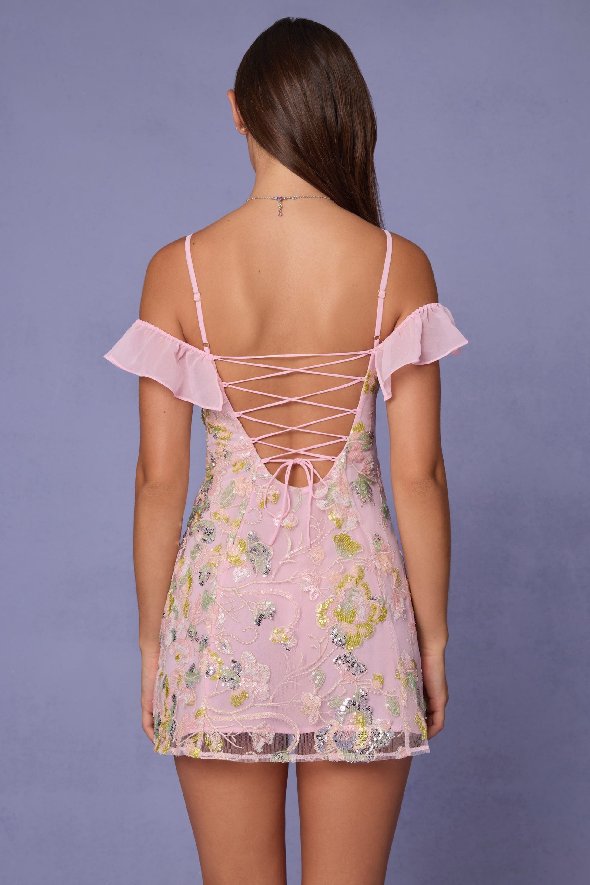 Embellished Lace-Up A-Line Mini Dress in Soft Pink