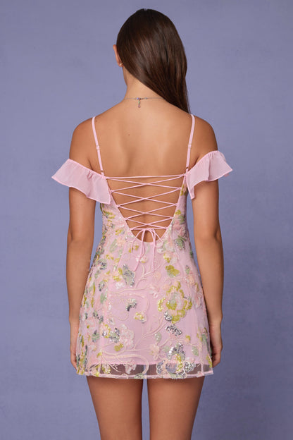 Embellished Lace-Up A-Line Mini Dress in Soft Pink