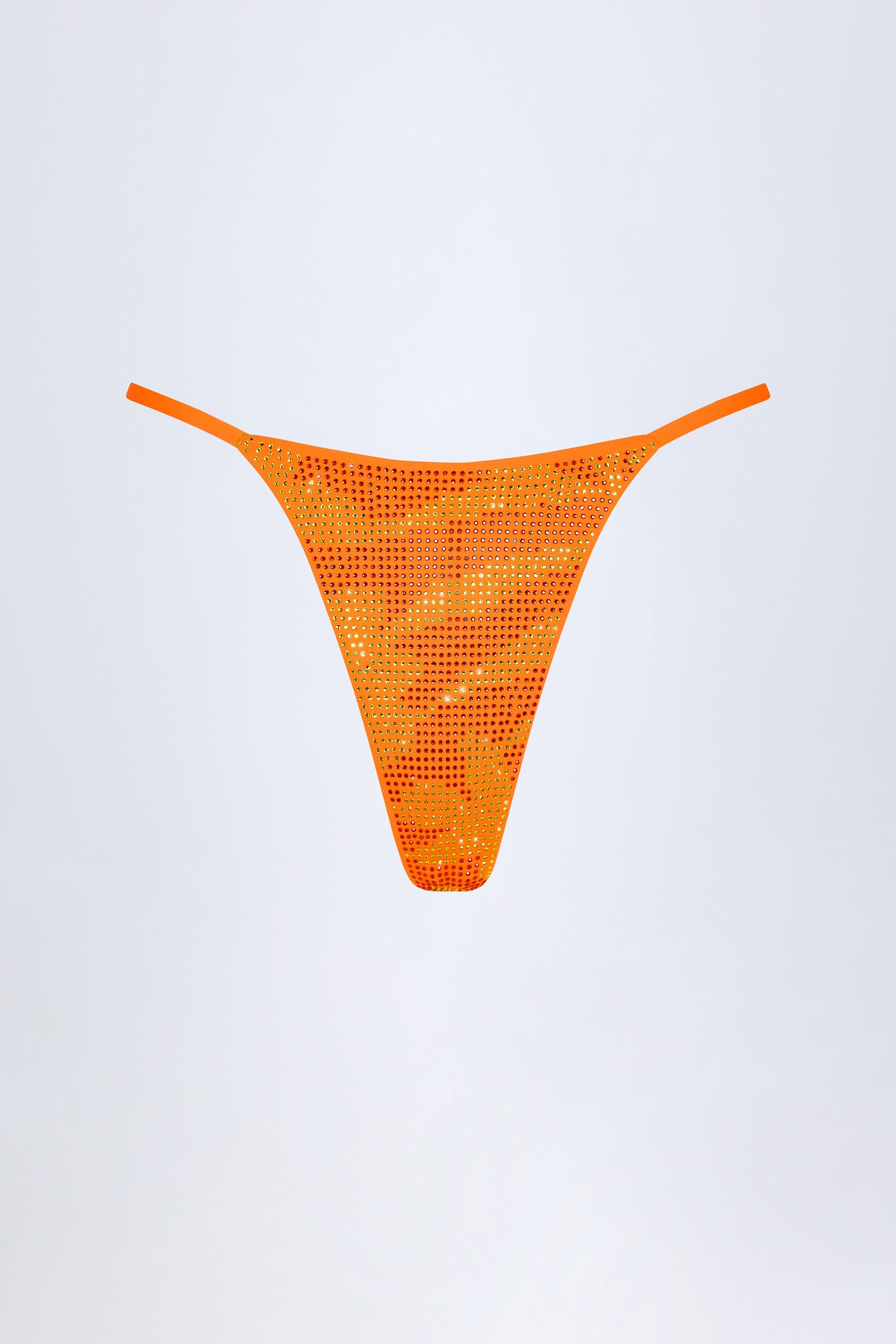 Embellished Thong Bikini Bottoms in Orange Tropical Print