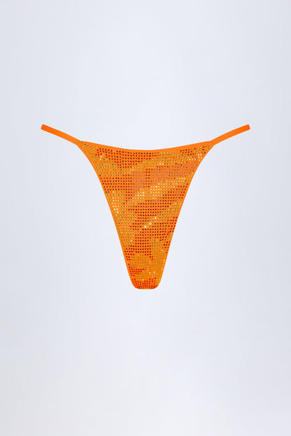 Embellished Thong Bikini Bottoms in Orange Tropical Print