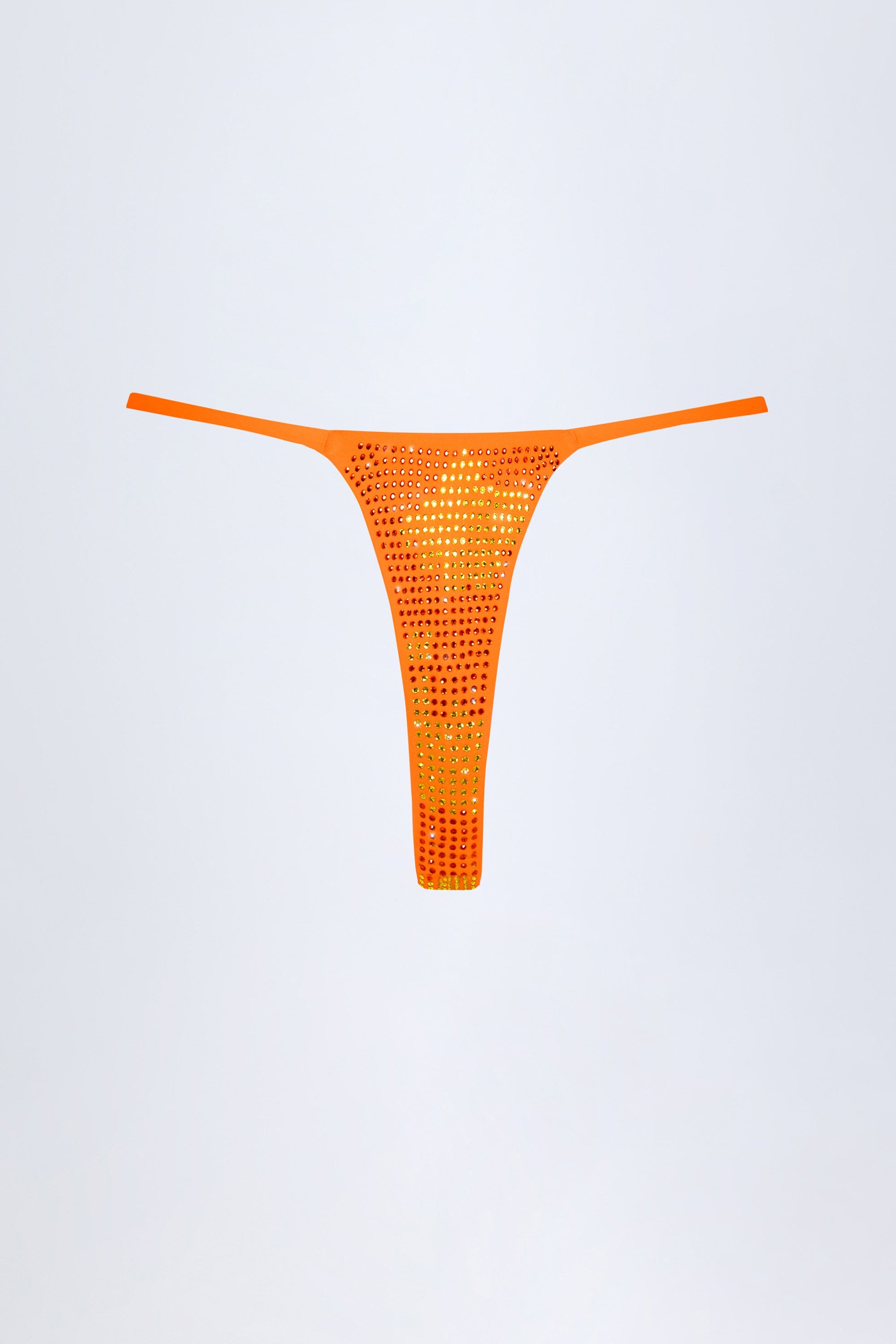 Embellished Thong Bikini Bottoms in Orange Tropical Print