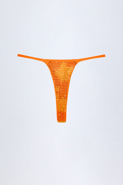 Embellished Thong Bikini Bottoms in Orange Tropical Print