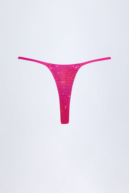 Embellished Thong Bikini Bottoms in Pink Tropical Print