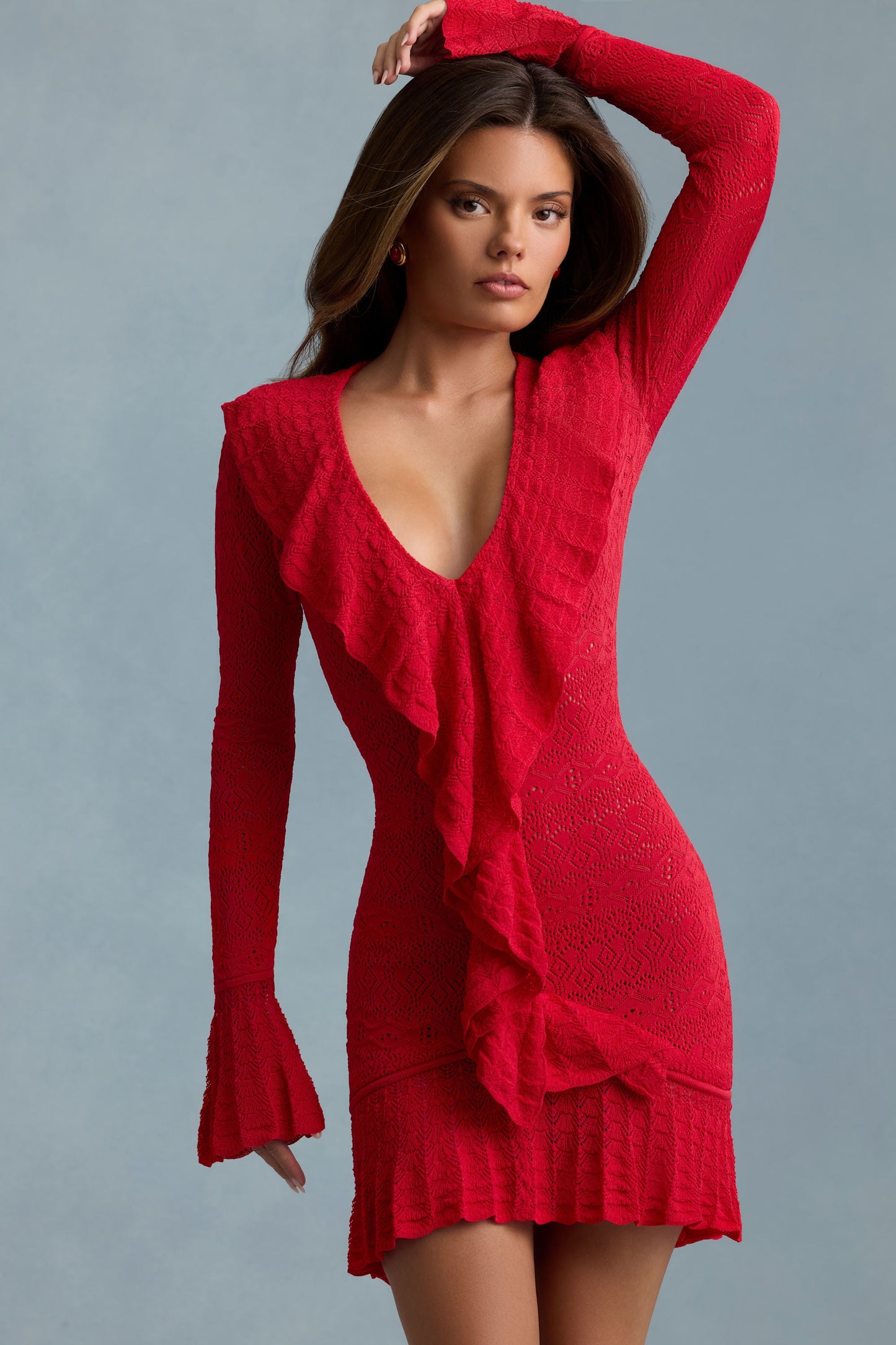Ruffle-Trim Pointelle-Knit Mini Dress in Scarlet Red