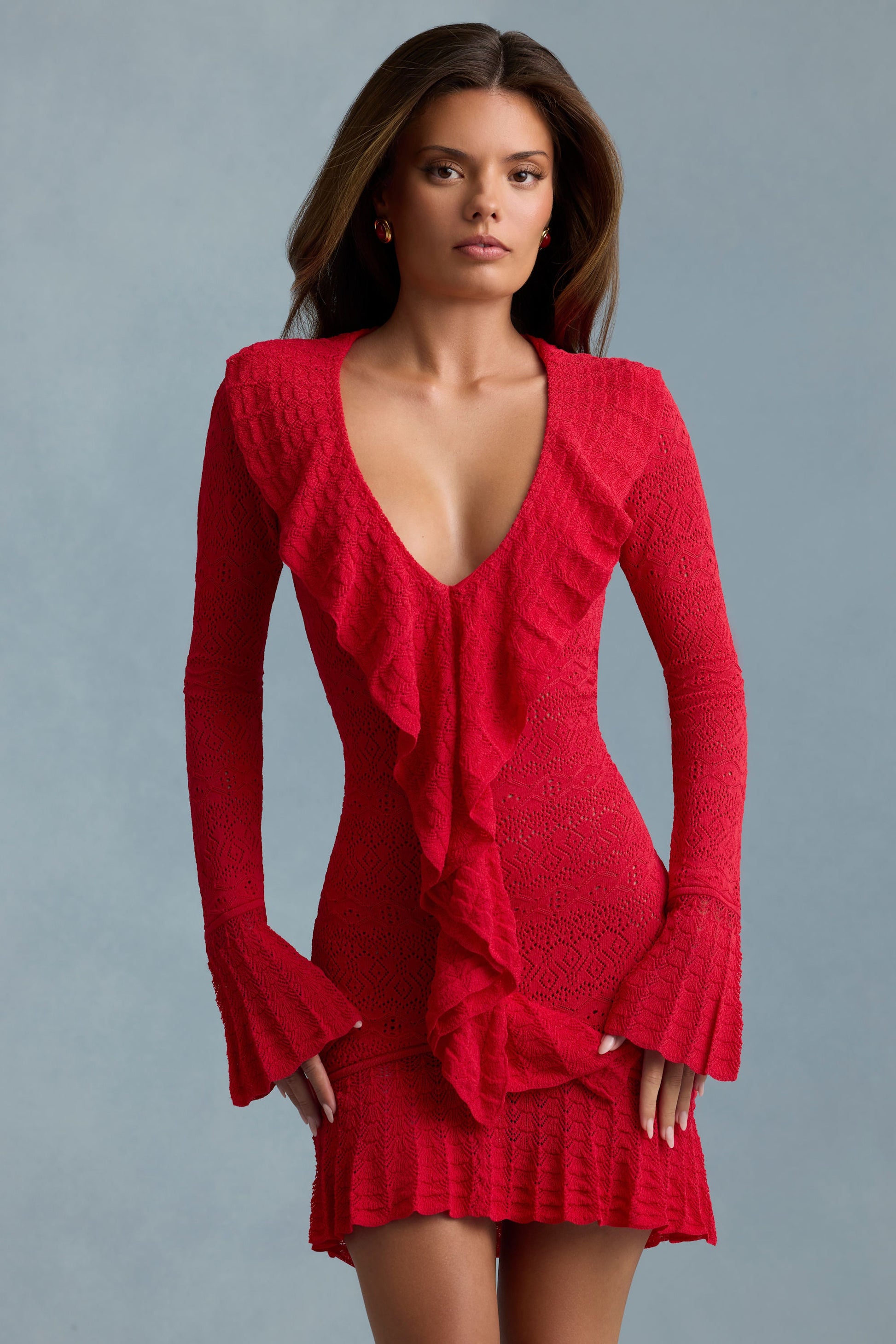 Ruffle-Trim Pointelle-Knit Mini Dress in Scarlet Red