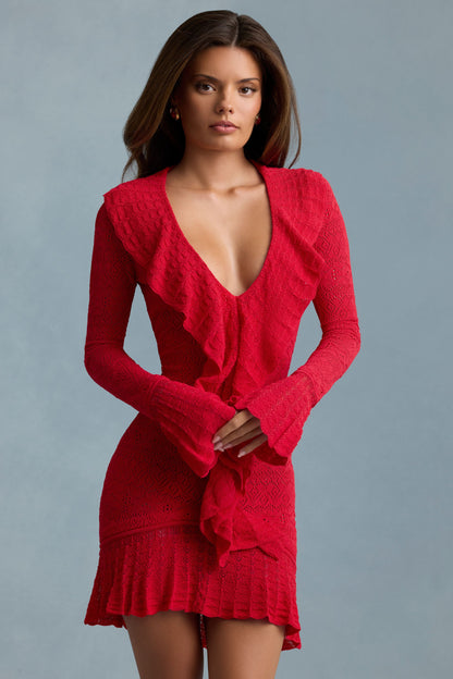 Ruffle-Trim Pointelle-Knit Mini Dress in Scarlet Red