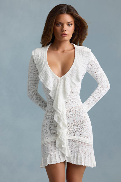 Ruffle-Trim Pointelle-Knit Mini Dress in White