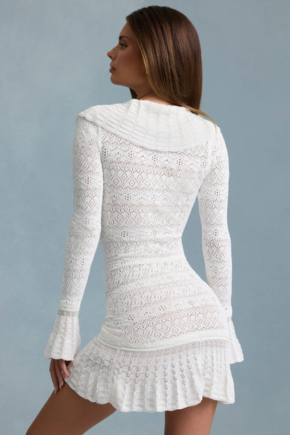 Ruffle-Trim Pointelle-Knit Mini Dress in White