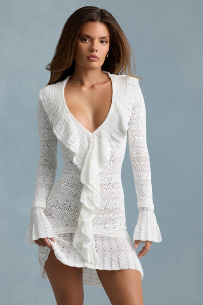 Ruffle-Trim Pointelle-Knit Mini Dress in White