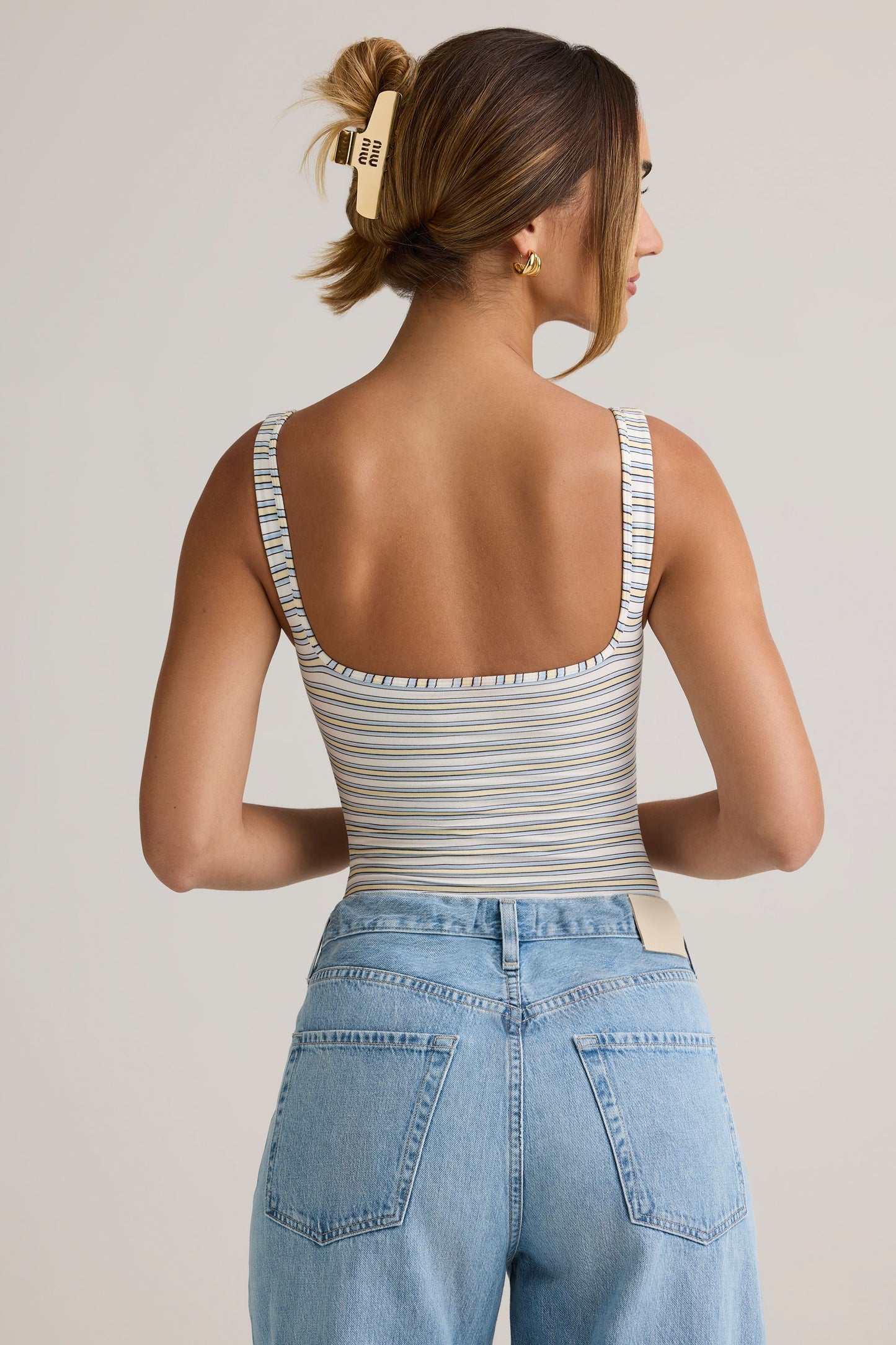 Modal Square-Neck Bodysuit in Blue Yellow Stripe
