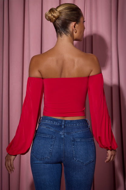 Off-Shoulder Draped Balloon-Sleeve Top in Red