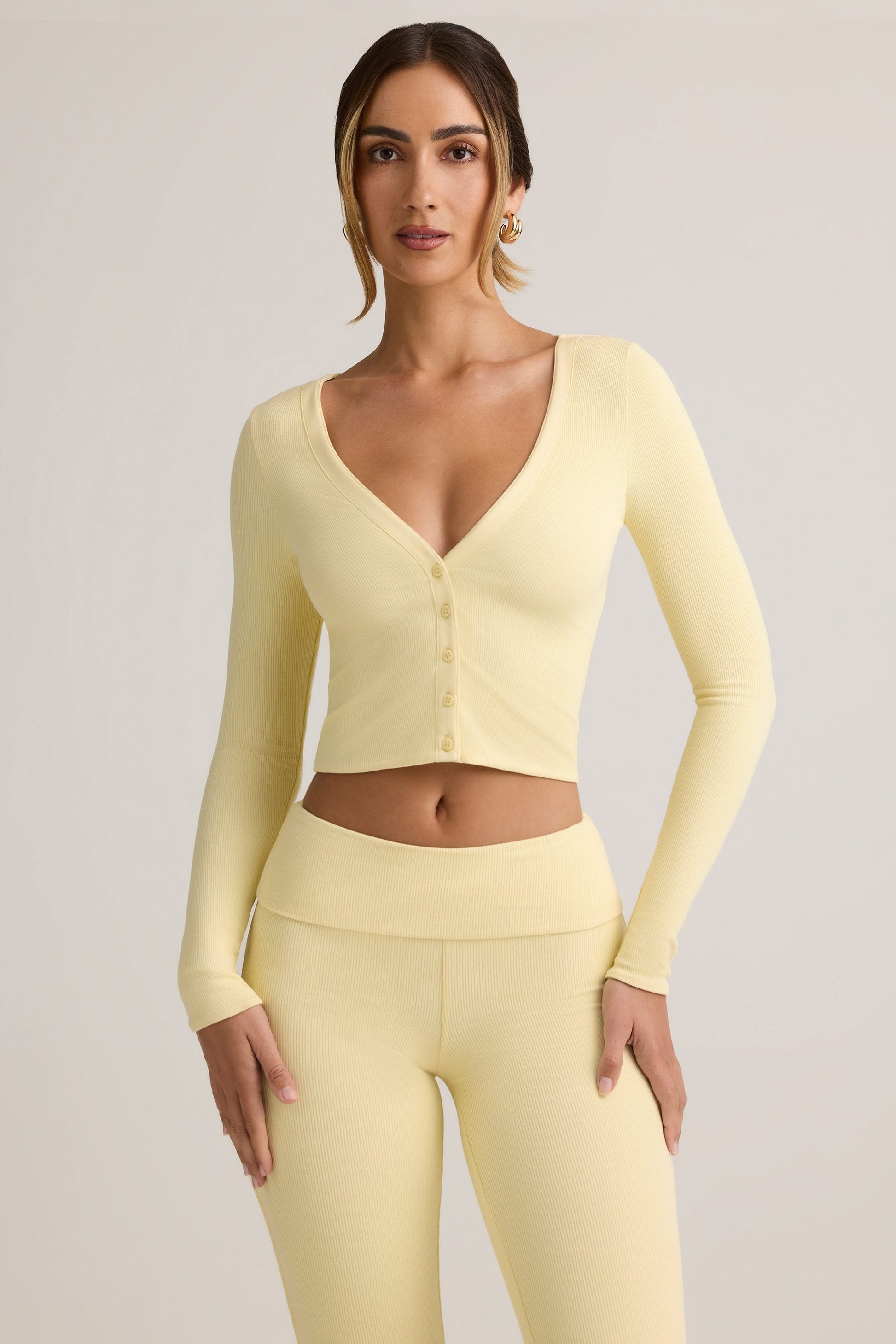 Modal Ribbed Cropped Cardigan in ButterCream Yellow