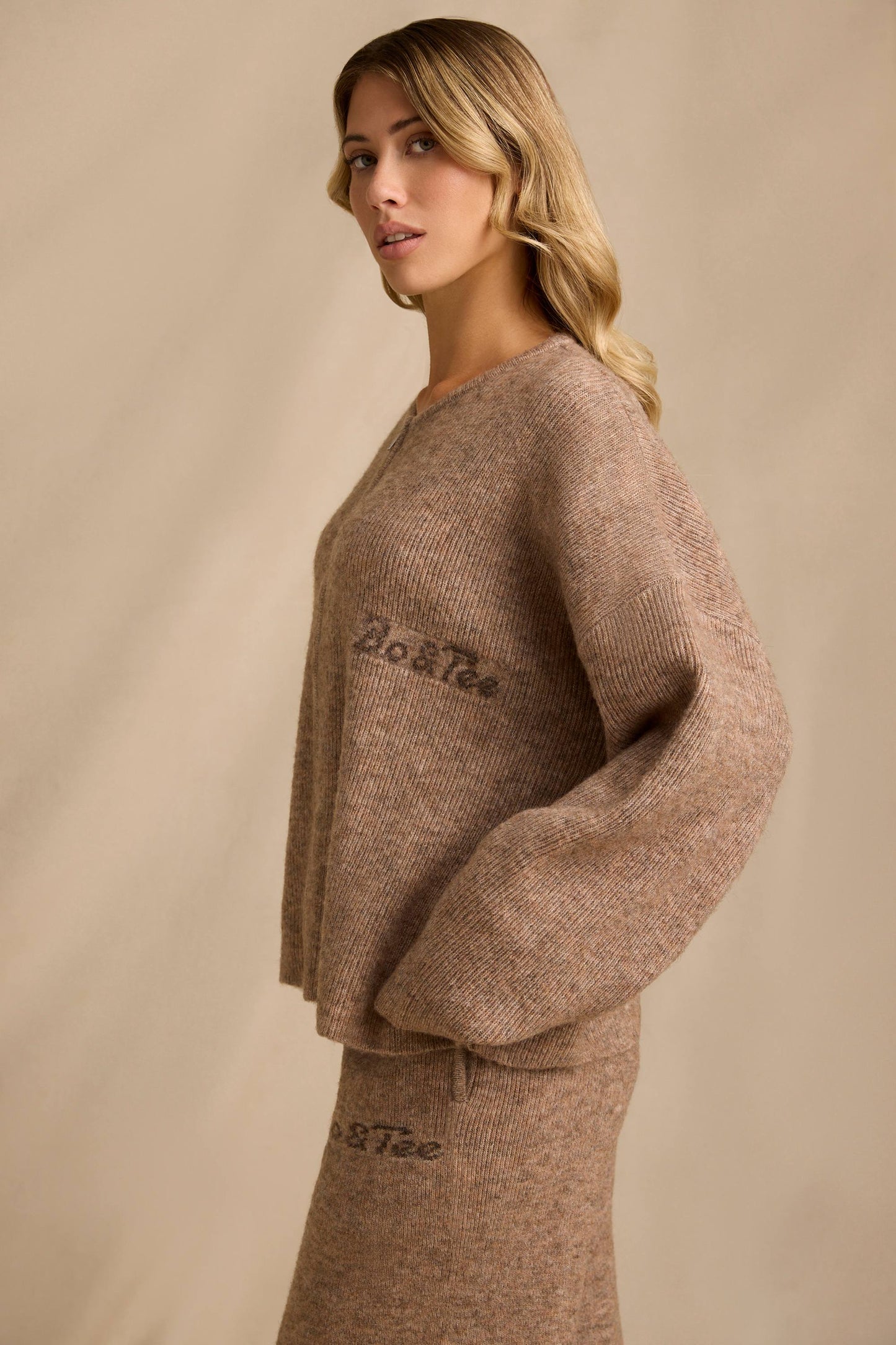 Oversized Zip-Up Cardigan in Brown Marl