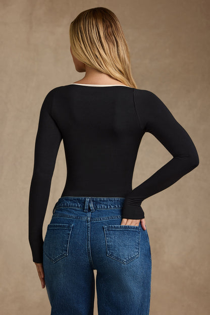 Modal Contrast-Trim Bodysuit in Black