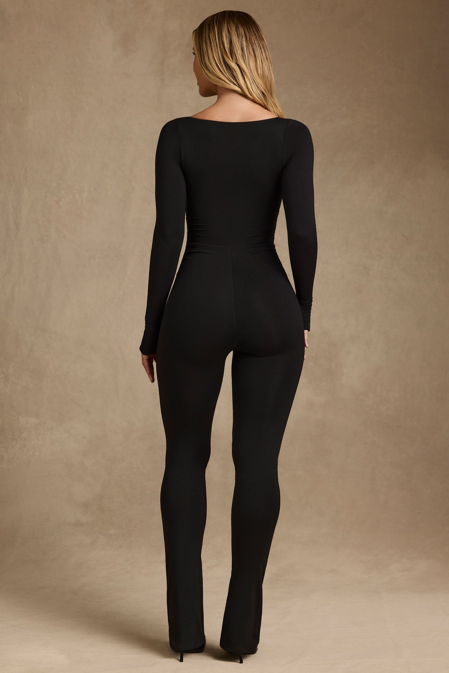 Modal Ruched Long-Sleeve Jumpsuit in Black