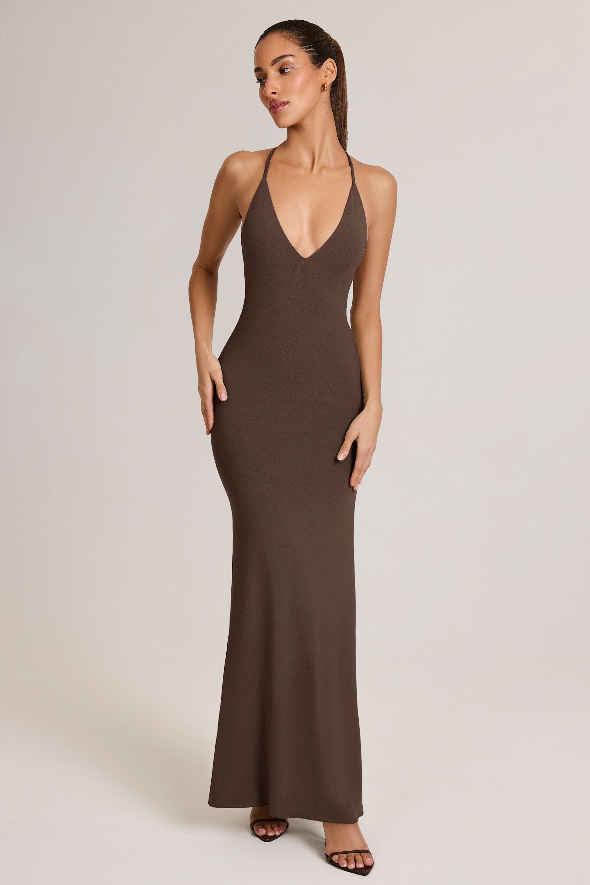 Modal Plunge Backless Maxi Dress in Chocolate Brown