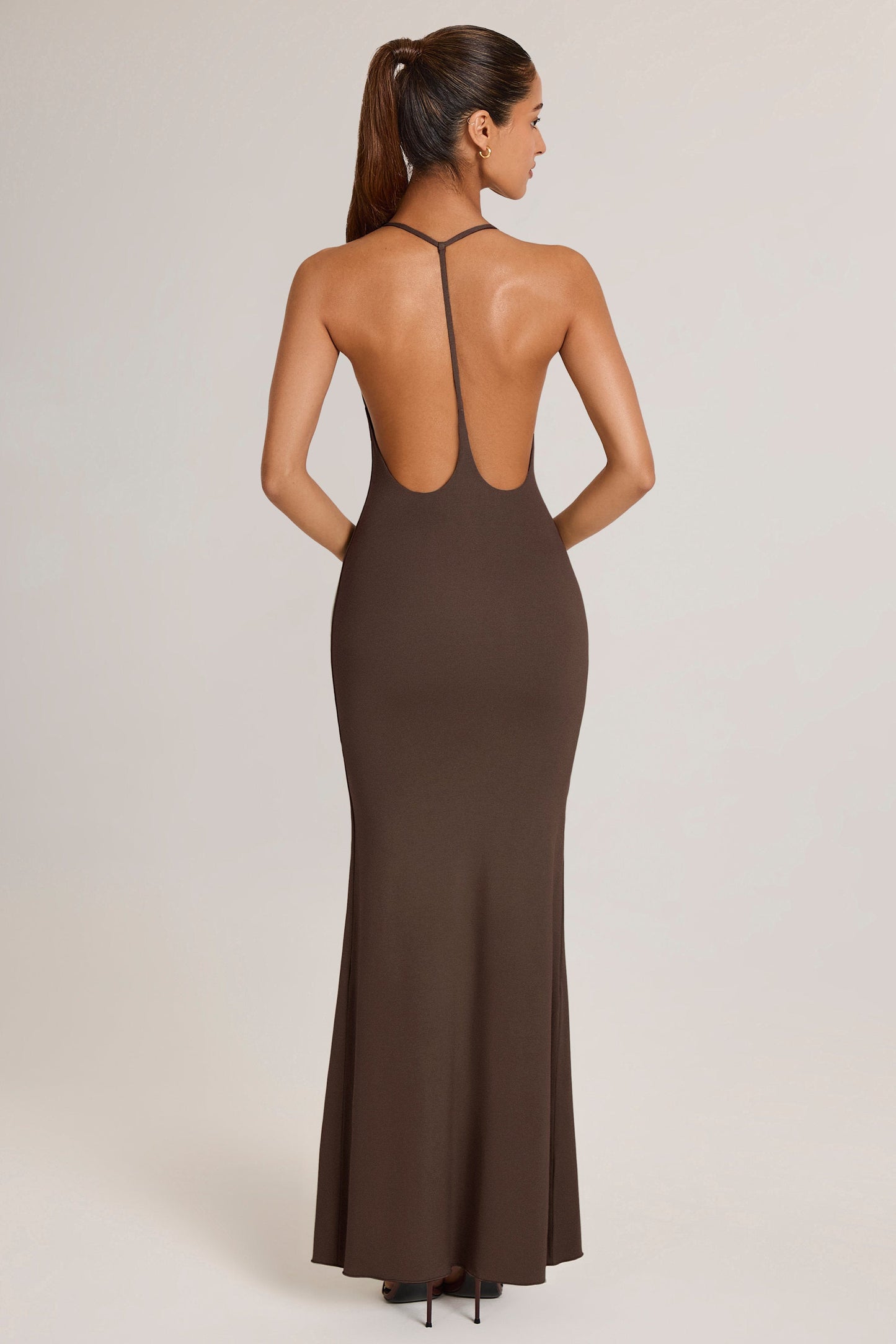 Modal Plunge Backless Maxi Dress in Chocolate Brown