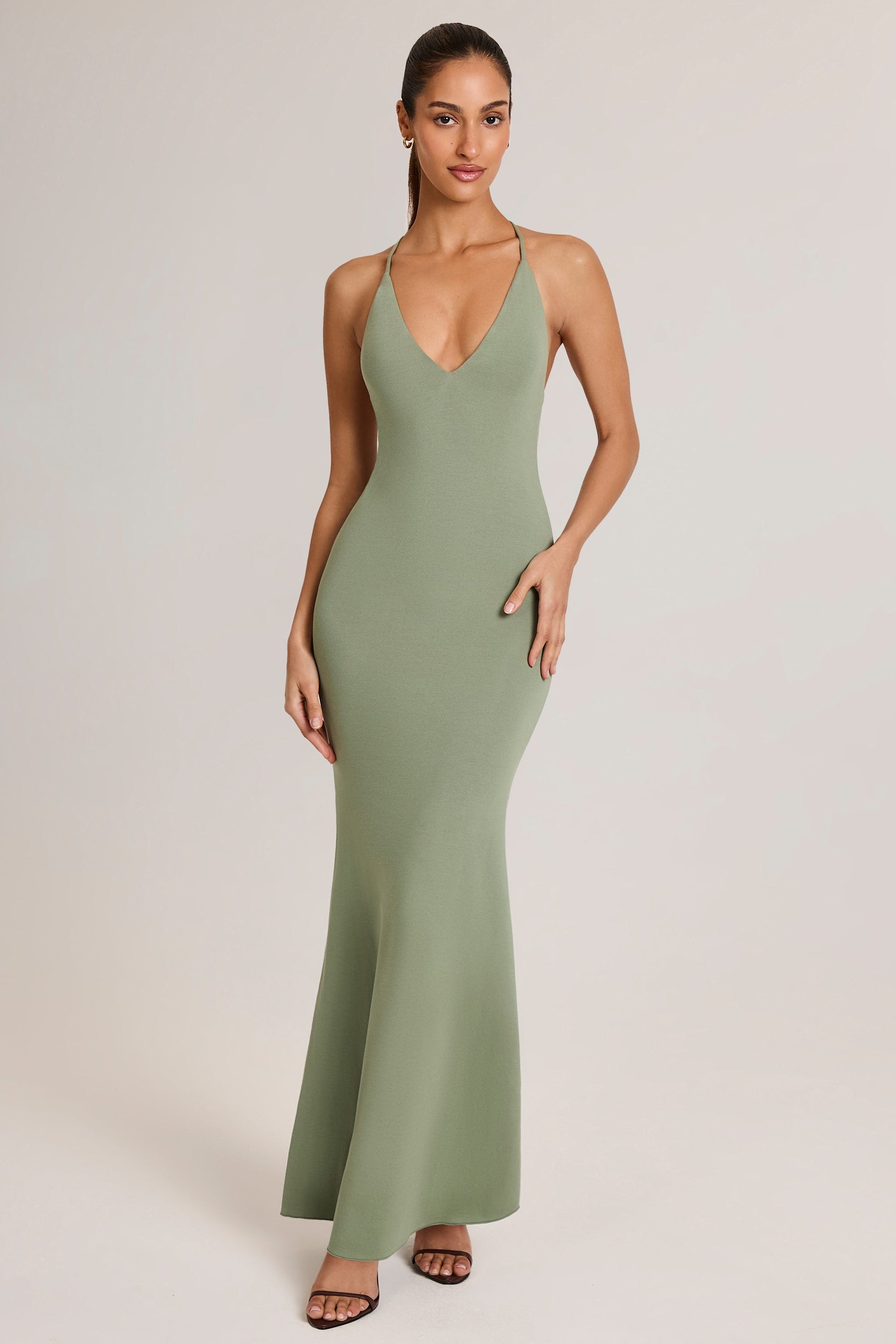 Modal Plunge Backless Maxi Dress in Sage Green