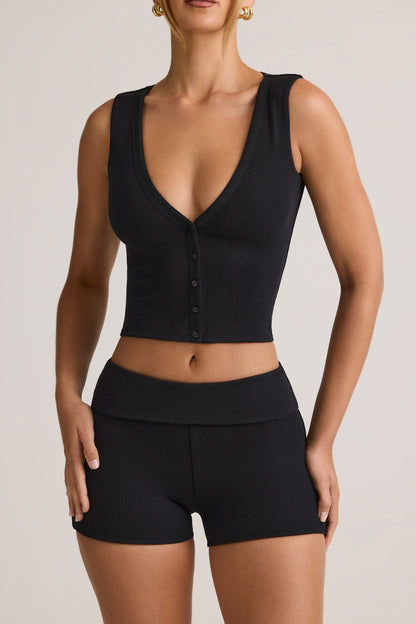 Modal Ribbed Button-Up Vest Top in Black