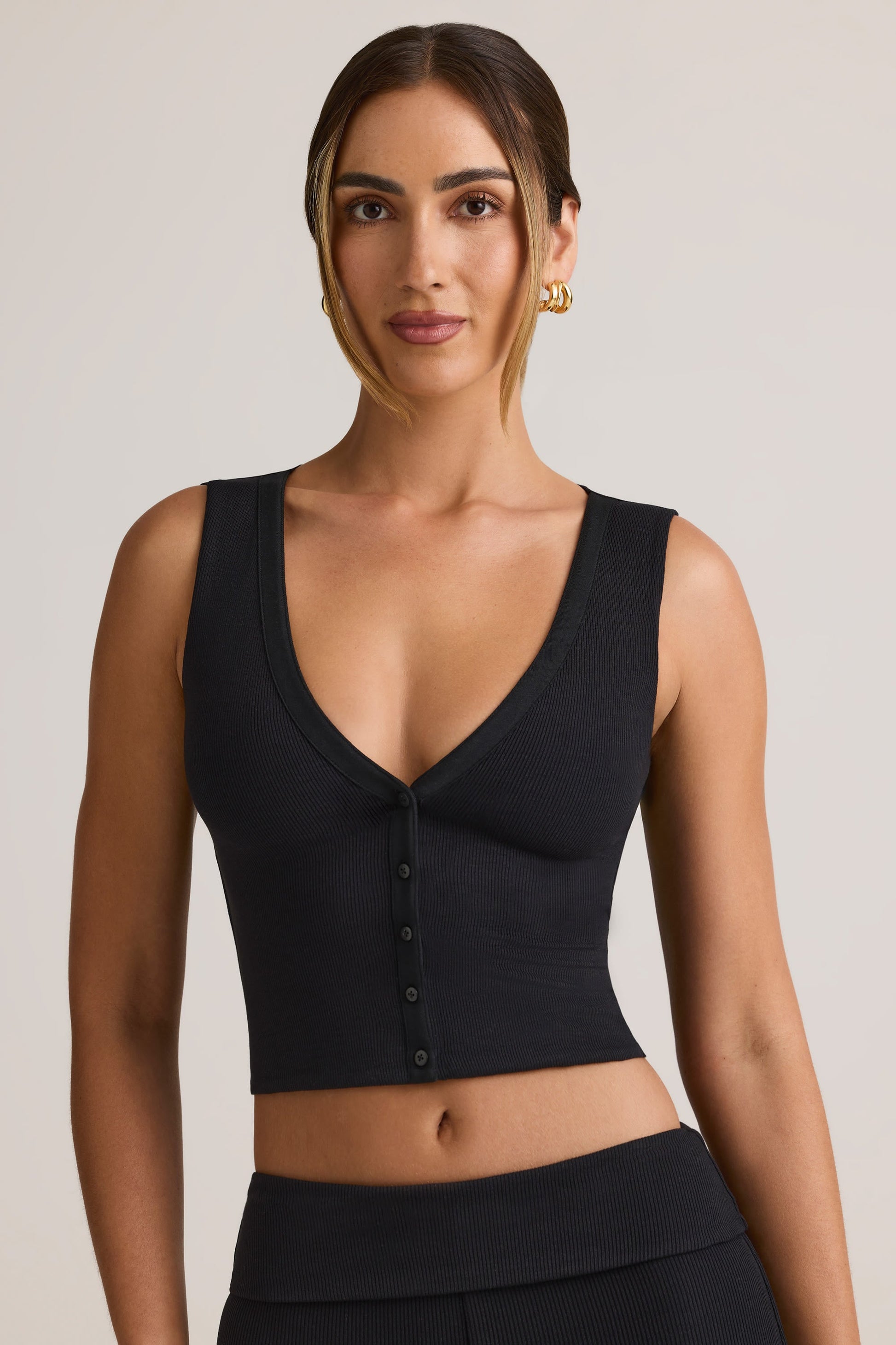 Modal Ribbed Button-Up Vest Top in Black