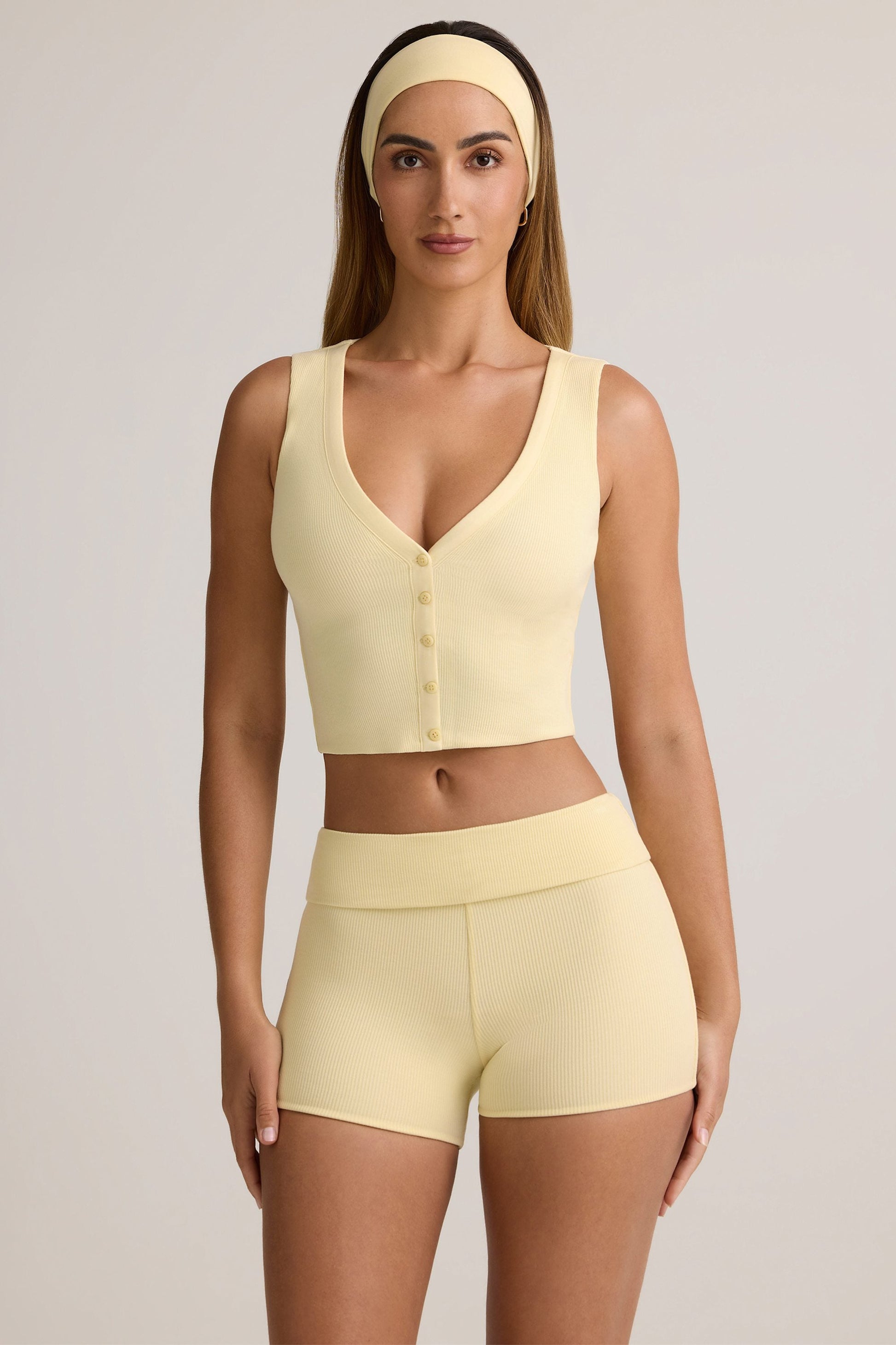 Modal Ribbed Button-Up Vest Top in ButterCream Yellow