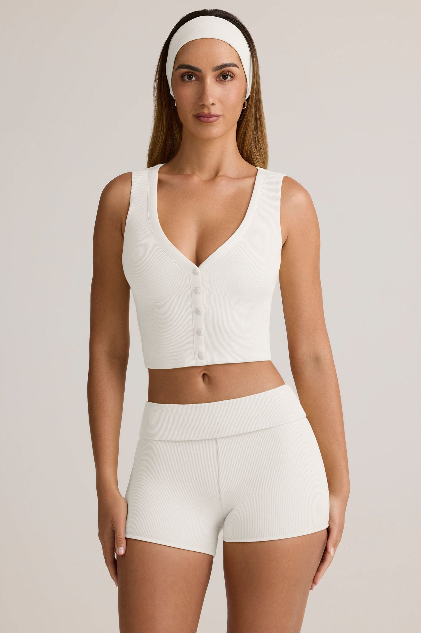 Modal Ribbed Button-Up Vest Top in White