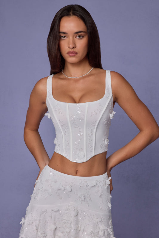 Embellished Lace-Up Corset Top in White