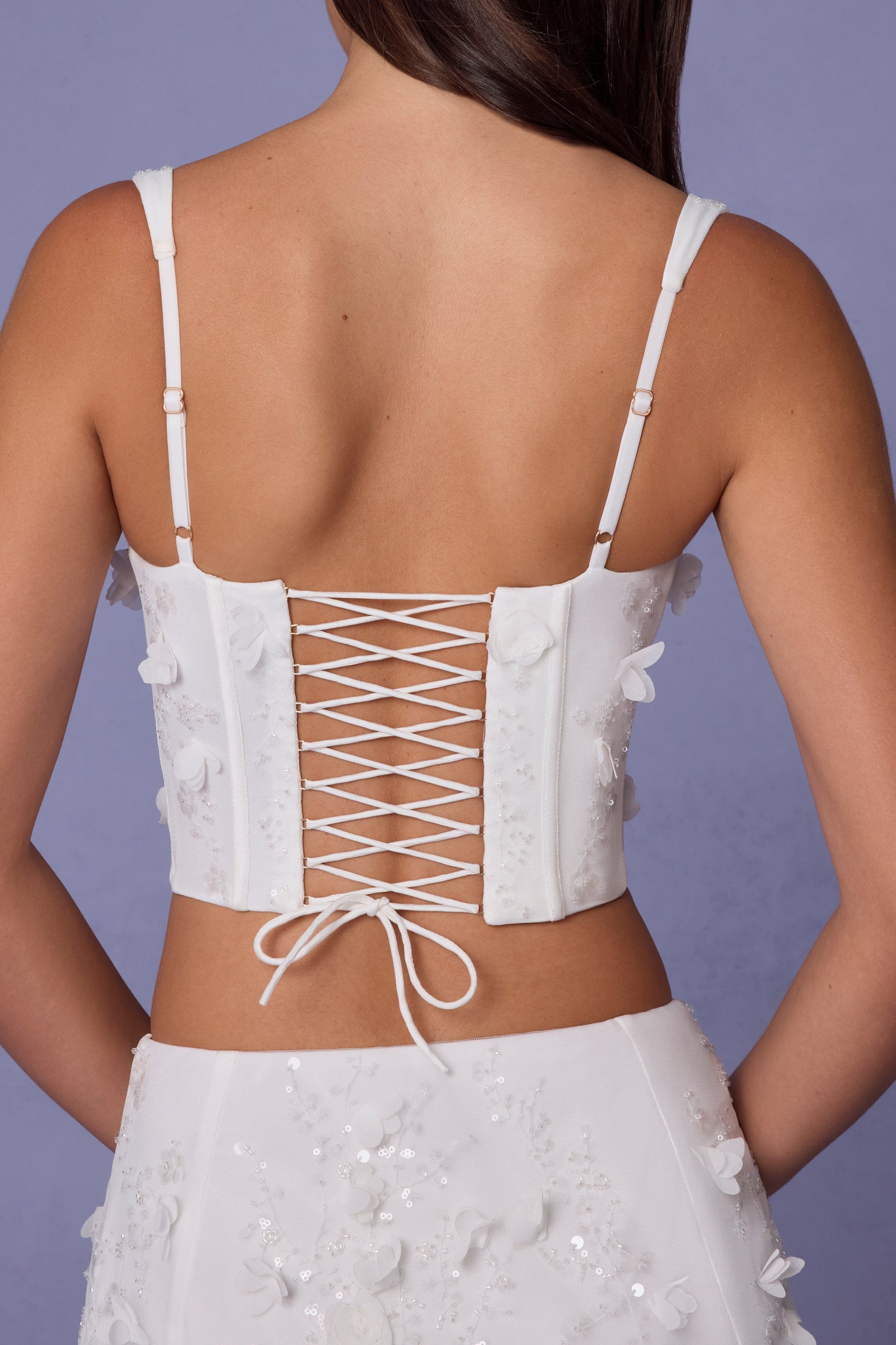 Embellished Lace-Up Corset Top in White