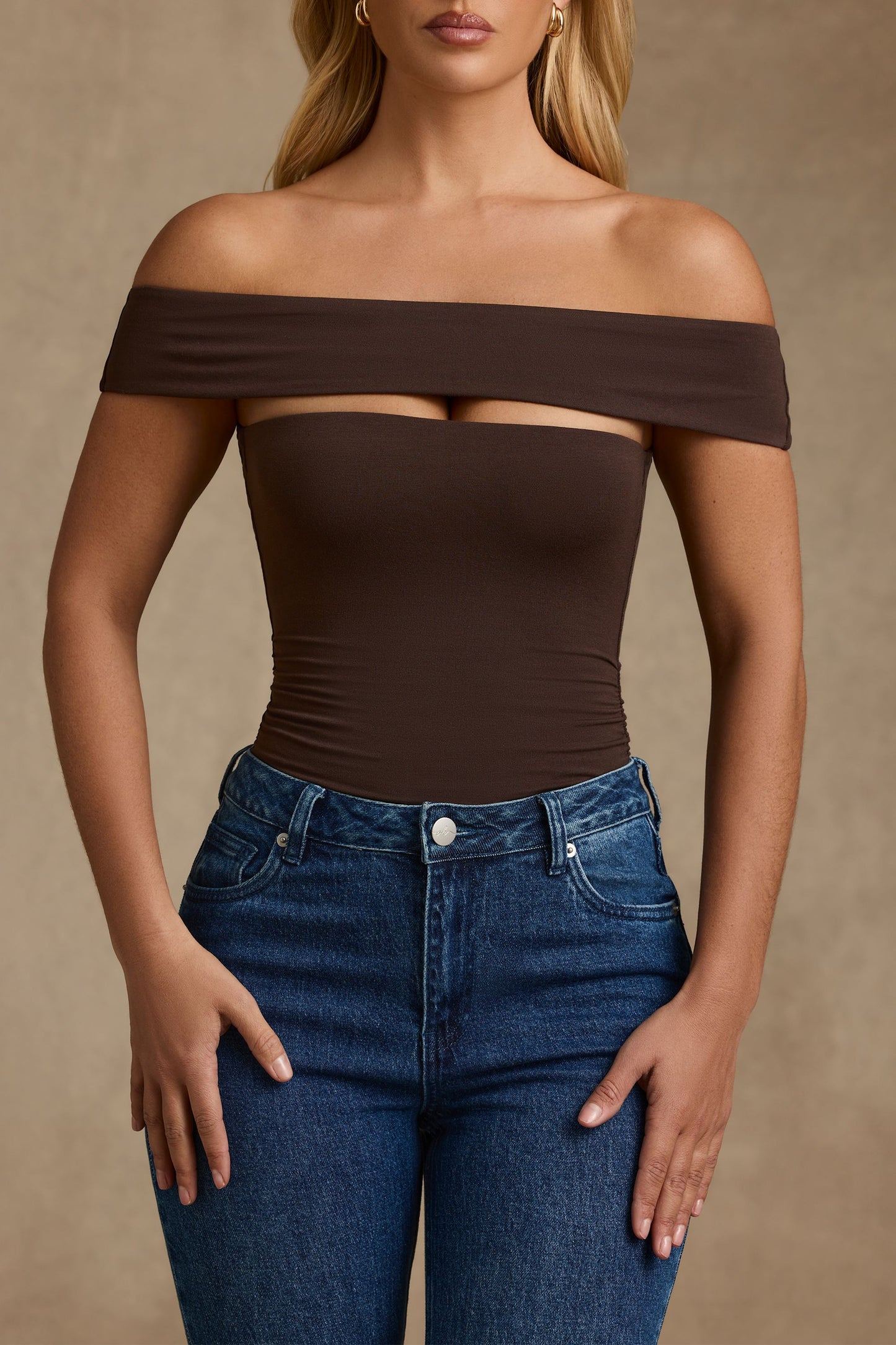 Modal Cut-Out Off-Shoulder Bodysuit in Chocolate Brown