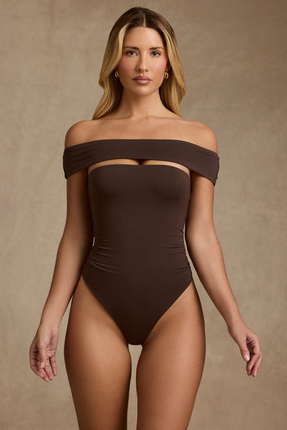Modal Cut-Out Off-Shoulder Bodysuit in Chocolate Brown