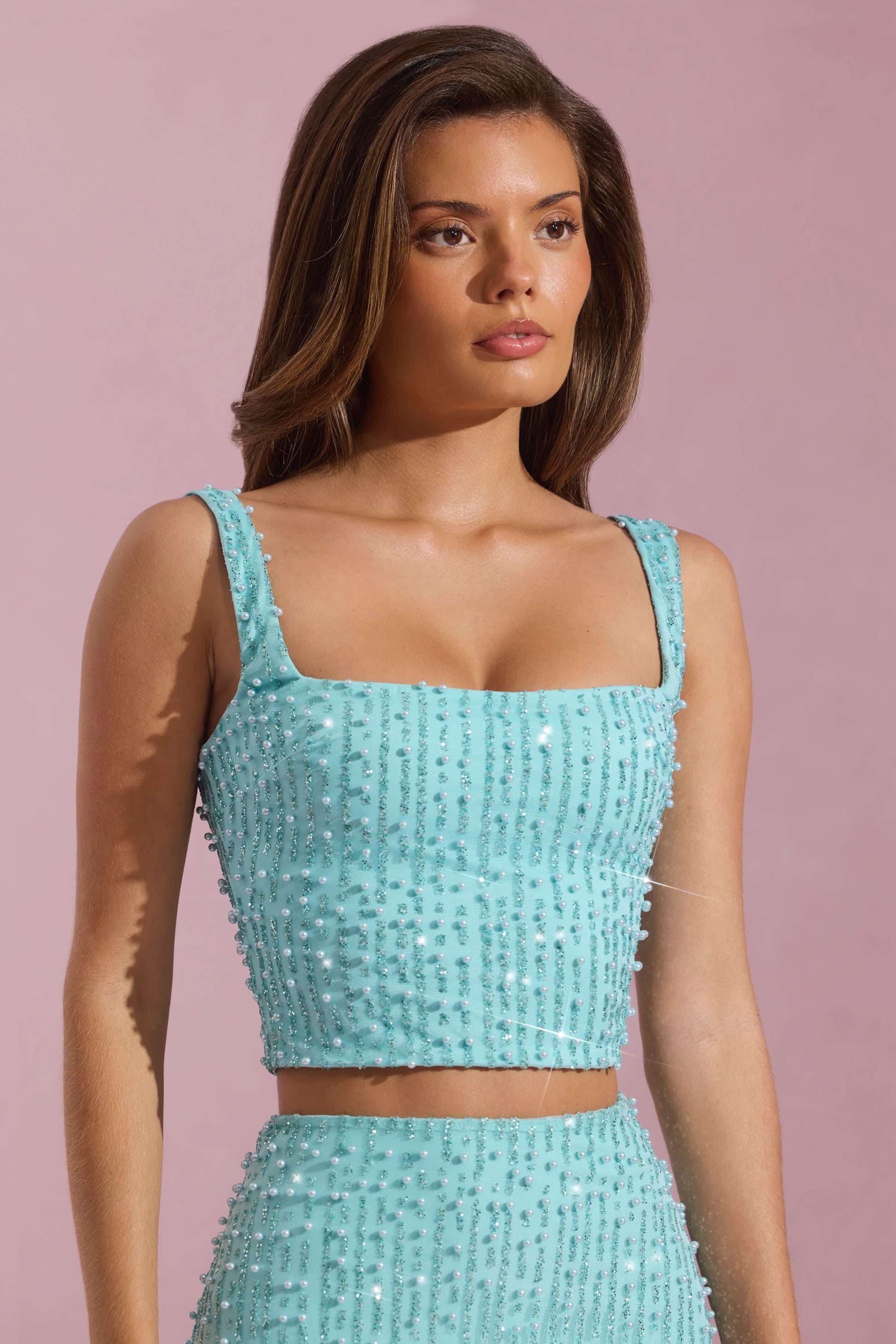 Embellished Square-Neck Crop Top in Aqua Blue