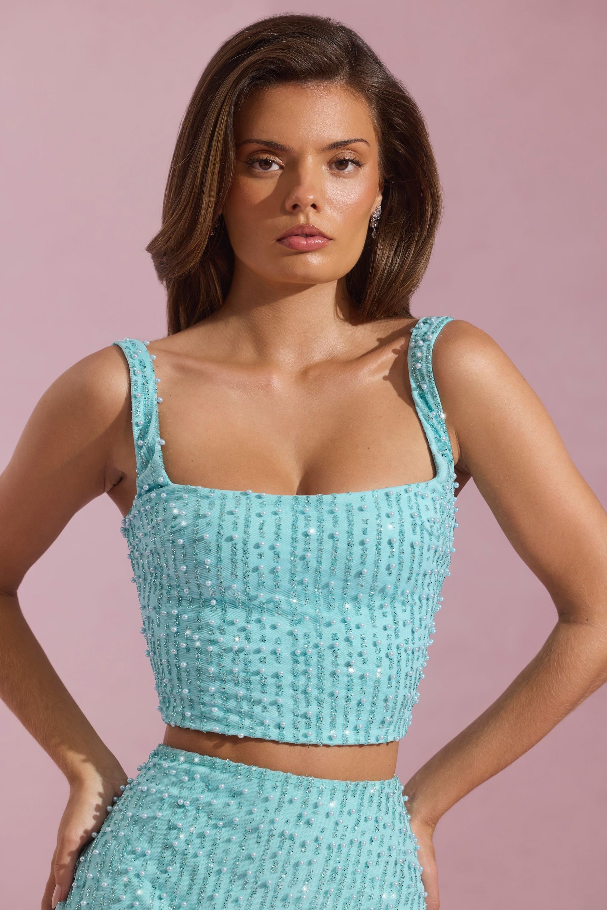Embellished Square-Neck Crop Top in Aqua Blue