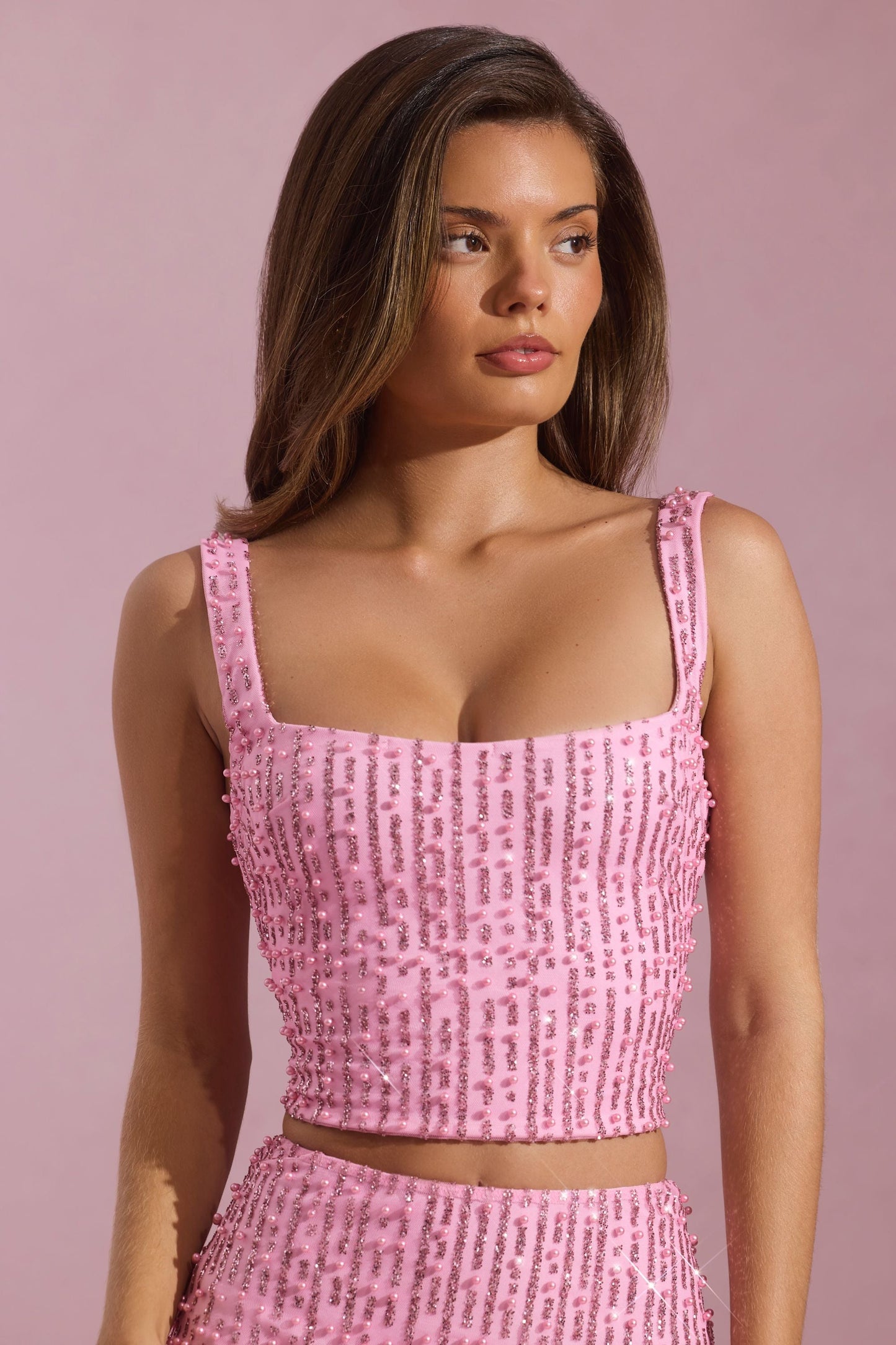 Embellished Square-Neck Crop Top in Pink