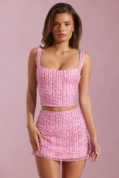 Embellished Square-Neck Crop Top in Pink