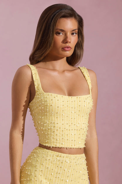 Embellished Square-Neck Crop Top in Yellow