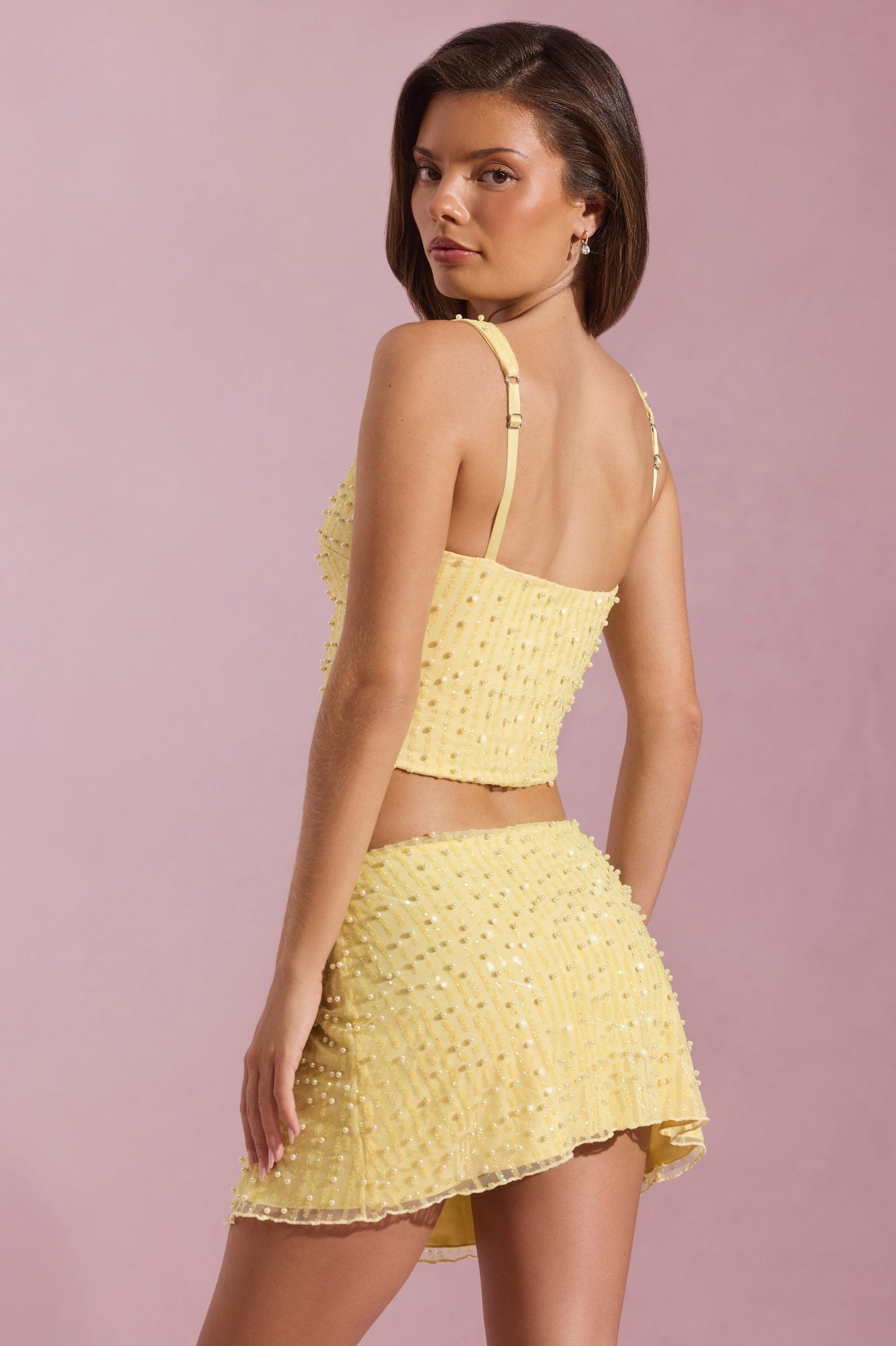 Embellished Square-Neck Crop Top in Yellow